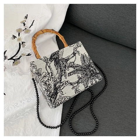 Borsa a Mano Donna Retro in Tessuto con Stampa Toile De Jouy Manico in Bambù Naturale e Tracolla in Perline Nere