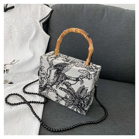 Borsa a Mano Donna Retro in Tessuto con Stampa Toile De Jouy Manico in Bambù Naturale e Tracolla in Perline Nere