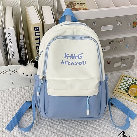 Mochila de Mujer Minimalista de Color de Contraste de Poliéster Bolsa Escolar para Estudiantes Con Colgante de Peluche Estampado de Letras Grande Bolsillo Múltiple