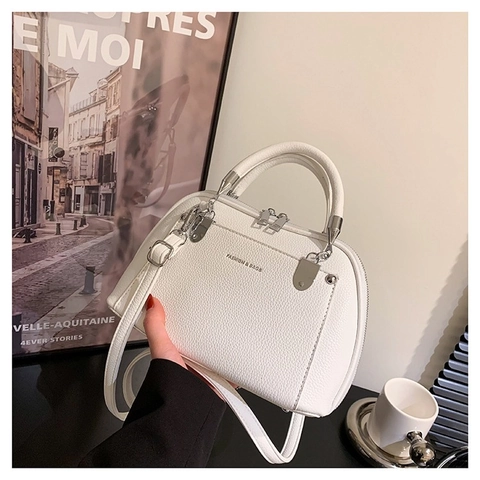 Mode Damen Litschitextur PU Leder Umhängetasche Muschelform Doppelreißverschluss Umhängetasche Handtasche Mit Silberner Hardware