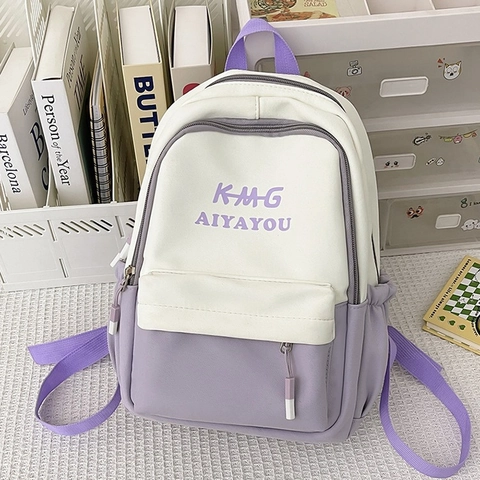 Mochila de Mujer Minimalista de Color de Contraste de Poliéster Bolsa Escolar para Estudiantes Con Colgante de Peluche Estampado de Letras Grande Bolsillo Múltiple