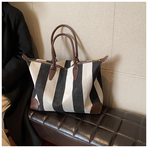 Sac Tote Grande Capacité Minimaliste Urbain Rayures Verticales Simili Cuir Patchwork Sac à Épaule avec Fermeture Éclair Femme