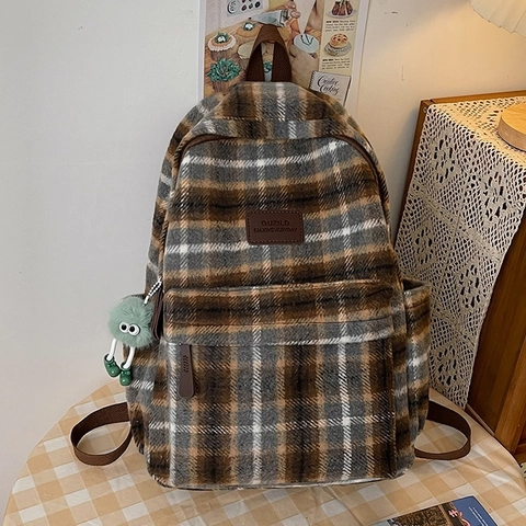 Vintage Plaid Backpack For Women Fashion Nylon Large Capacity School Bag With Cute Monster Pendant Casual Daily Shoulder Bag