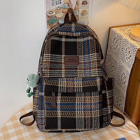 Vintage Plaid Backpack For Women Fashion Nylon Large Capacity School Bag With Cute Monster Pendant Casual Daily Shoulder Bag