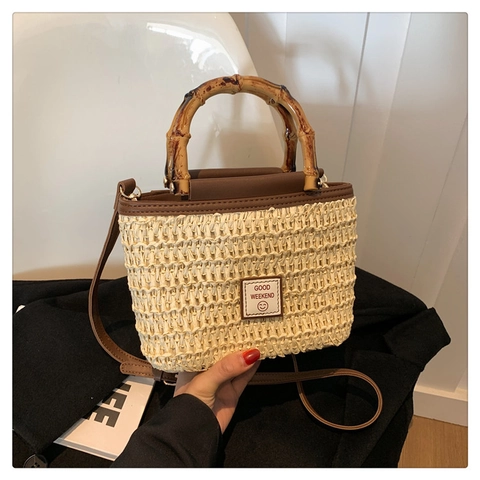 Damen Gewebte Strohhandtasche Mit Bambusgriff Casual Good Weekend Etikett Smiley Schulter Crossbody Tasche Sommerbeutel