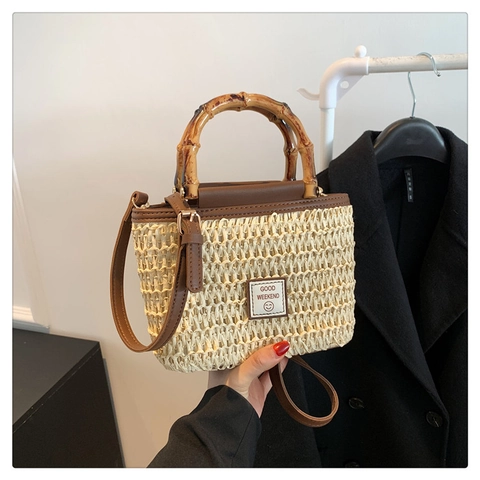 Damen Gewebte Strohhandtasche Mit Bambusgriff Casual Good Weekend Etikett Smiley Schulter Crossbody Tasche Sommerbeutel