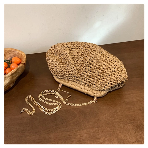 Damen Stroh Geflochten Schultertasche Sommer Urlaub Strand Clutch Goldene Kette Pouch Umhängetasche Khaki Beige Mode Handtasche
