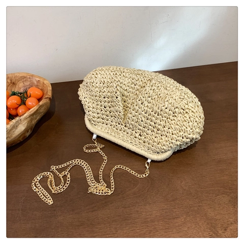 Damen Stroh Geflochten Schultertasche Sommer Urlaub Strand Clutch Goldene Kette Pouch Umhängetasche Khaki Beige Mode Handtasche