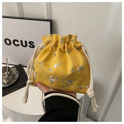 Damen Mode Gestickt Segeltuch Umhängetasche Umhängetasche Literarisch Frisch Kordelzugverschluss Kleine Eimertasche Für Den Täglichen Weg