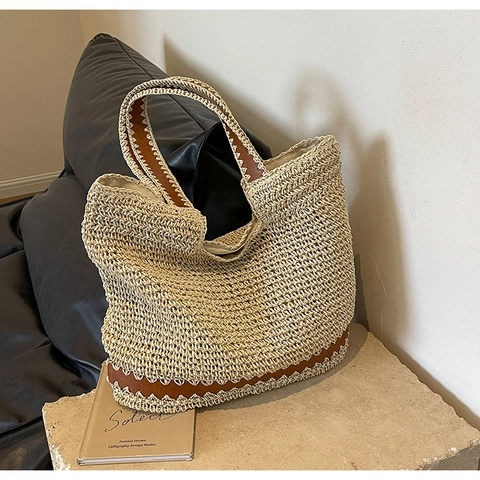Sac Fourre-tout Tissé de Style Français pour Femmes Sac à Épaule en Paille de Grande Capacité Sac à Main de Plage d'Été Avec Bordure en Cuir