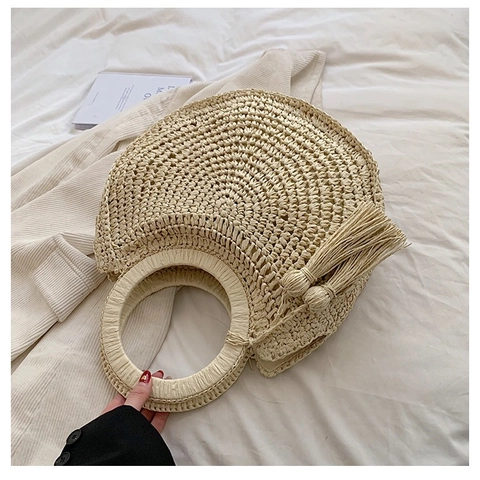 Women's Bohemian Straw Woven Handbag With Round Handle And Tassel Large Capacity Summer Beach Vacation Tote Shoulder Bag