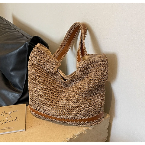 Sac Fourre-tout Tissé de Style Français pour Femmes Sac à Épaule en Paille de Grande Capacité Sac à Main de Plage d'Été Avec Bordure en Cuir
