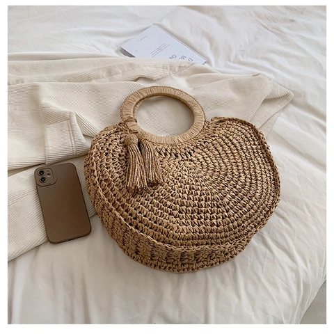 Women's Bohemian Straw Woven Handbag With Round Handle And Tassel Large Capacity Summer Beach Vacation Tote Shoulder Bag