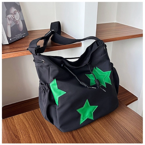 Borsa a Spalla da Donna in Nylon alla Moda Grande Capacità con Patch a Stella Tracolla Urban Minimalist Casual con Motivo a Stelle