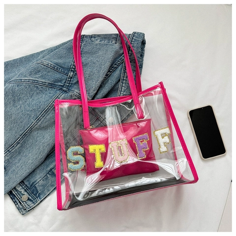 Mode Transparent PVC Tragetasche Für Damen Mit Chenille Buchstaben-Aufnäher Durchsichtige Umhängetasche Innentasche Streetwear Handtasche