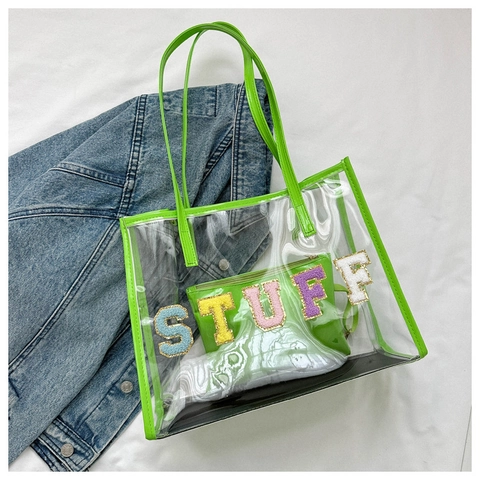 Mode Transparent PVC Tragetasche Für Damen Mit Chenille Buchstaben-Aufnäher Durchsichtige Umhängetasche Innentasche Streetwear Handtasche