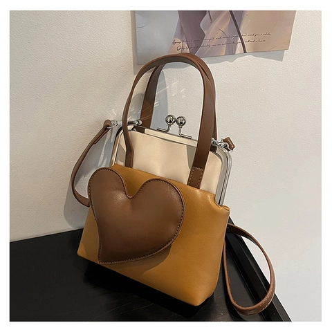 Sac à Fermoir Rétro en Cuir PU pour Femmes Patchwork de Cœur Sac à Bandoulière Bloc de Couleur Sac à Main Docteur à la Mode