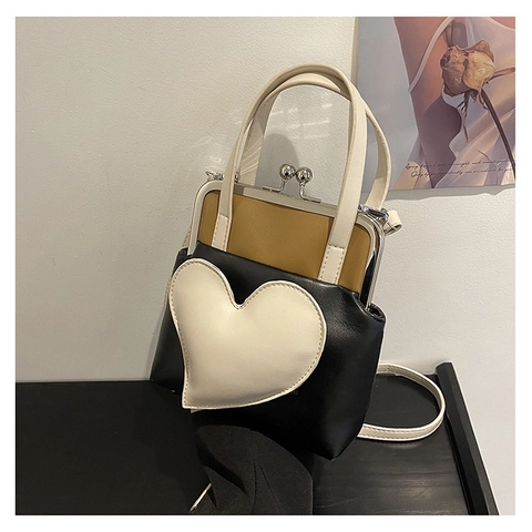 Sac à Fermoir Rétro en Cuir PU pour Femmes Patchwork de Cœur Sac à Bandoulière Bloc de Couleur Sac à Main Docteur à la Mode