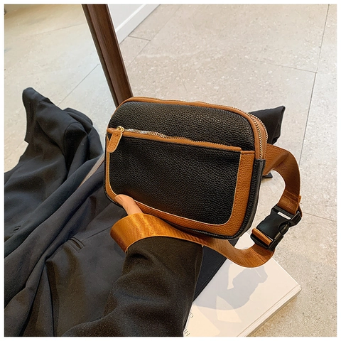 Sac Bandoulière Femme Minimaliste Urbain en Cuir PU Mode Motif Litchi Couleur Contrastée avec Large Sangle Réglable