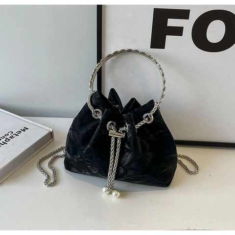 Borsa a Secchiello in Velluto alla Moda da Donna Coulisse Urbana Borsa a Tracolla Con Perla Artificiale Manico ad Anello in Metallo