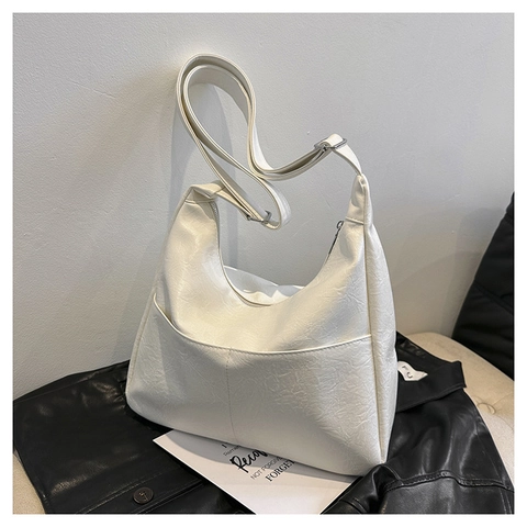 Women Large Capacity PU Leather Hobo Shoulder Bag Minimalist Solid Color Litchi Texture Adjustable Strap Commuting Handbag