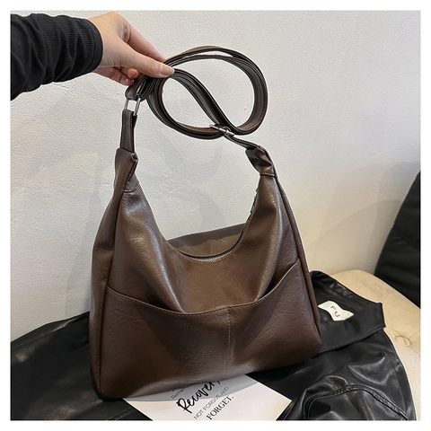 Women Large Capacity PU Leather Hobo Shoulder Bag Minimalist Solid Color Litchi Texture Adjustable Strap Commuting Handbag