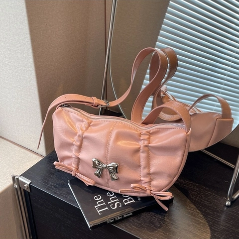 Borsa a Spalla in Pelle PU con Fiocco Increspata per Donna 2024 Nuova Elegante Borsa a Tracolla con Fiocco Metallico Borsa Sottobraccio alla Moda