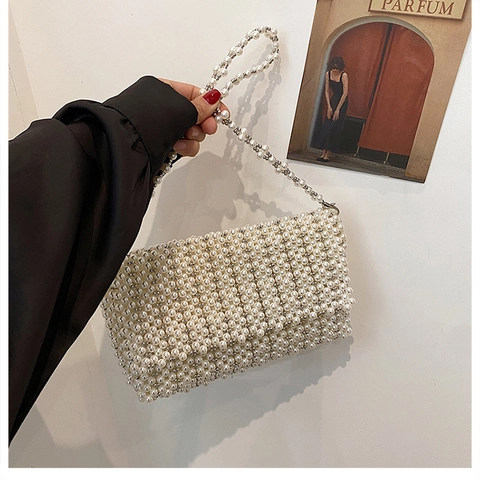 Women Elegant Artificial Pearl Beaded Shoulder Bag Handmade Woven Handbag Urban Minimalist Evening Party Flap Square Purse White