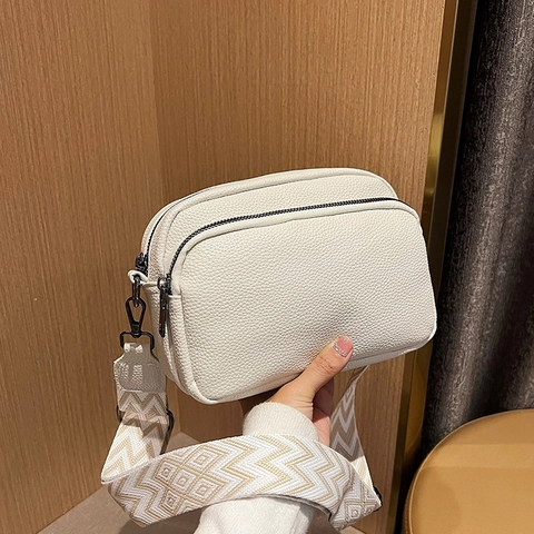 Damen PU Leder Umhängetasche Mode Quadratische Schultertasche Mit Breitem Jacquard Gurt Minimalistisch Litschi Maserung Bag