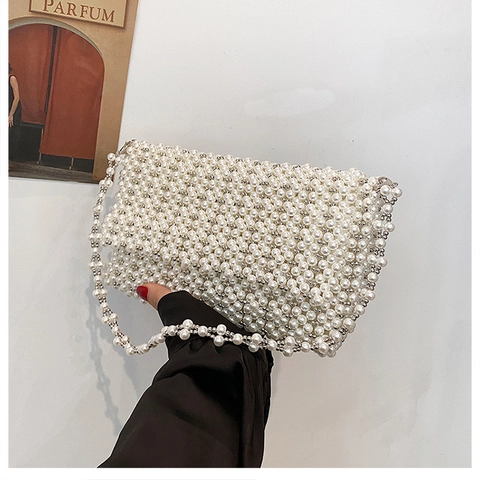 Women Elegant Artificial Pearl Beaded Shoulder Bag Handmade Woven Handbag Urban Minimalist Evening Party Flap Square Purse White