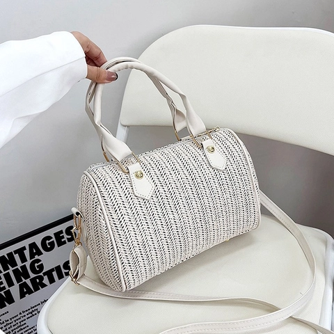 Damen Mode Stroh Geflochtene Boston Tasche PU Leder Zylinder Handtasche Einzelne Schulter Umhängetasche Für Sommer Freizeit Urlaub Strandtasche