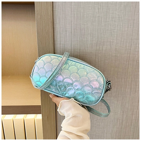Bolso de Hombro para Mujer Con Patrón de Escamas de Pez Holográfico Bolso Cruzado de Cuero PU Irisado Bolso Cuadrado Acolchado