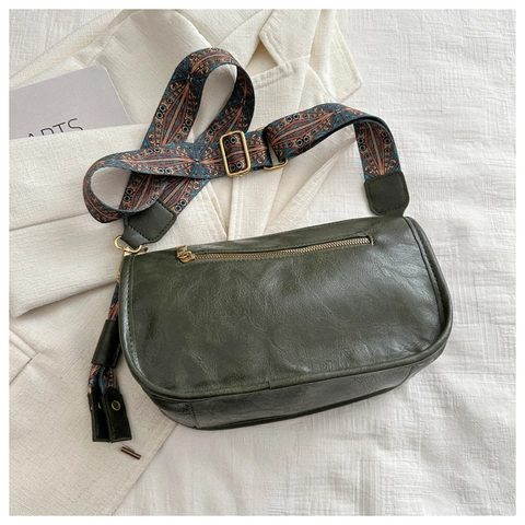 Retro Women PU Leather Shoulder Bag With Bohemian Ethnic Pattern Wide Strap Casual Crossbody Bag Square Handbag Daily Fashion
