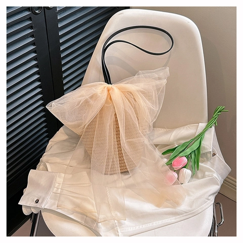 Borsa a Spalla Intrecciata alla Moda da Donna Con Grande Fiocco in Organza Elegante Borsa a Cilindro per Vacanze Moda Versatile