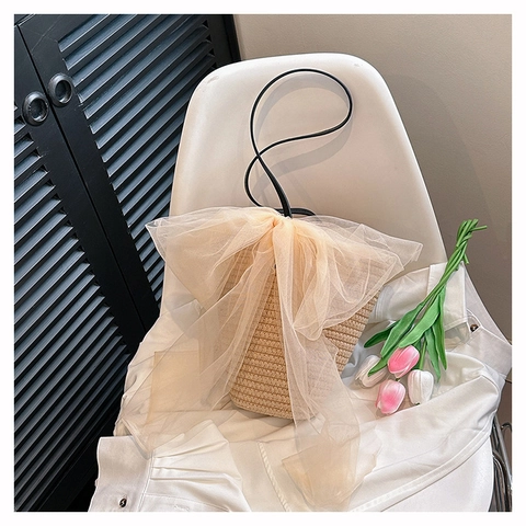 Borsa a Spalla Intrecciata alla Moda da Donna Con Grande Fiocco in Organza Elegante Borsa a Cilindro per Vacanze Moda Versatile