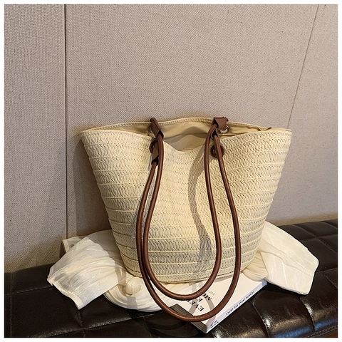 Borsa Tote in Paglia Intrecciata a Mano per Donna Grande Capacità Estate Spiaggia Borsa a Spalla Minimalista Casual Borsa da Viaggio Cachi Bianco