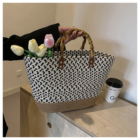 Sac Fourre-tout Tissé pour Femme Avec Poignée en Bambou Grande Capacité Motif à Chevrons Sac à Main de Vacances d'Été