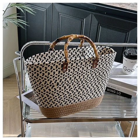 Sac Fourre-tout Tissé pour Femme Avec Poignée en Bambou Grande Capacité Motif à Chevrons Sac à Main de Vacances d'Été