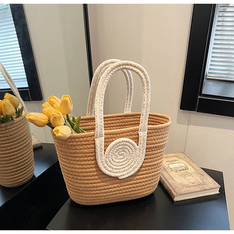 Sac Fourre-tout Minimaliste pour Femmes en Coton Lin Tissé Couleur Contrastée Patchwork Sac à Épaule Avec Décor en Spirale Décontracté Plage Vacances Sac à Main