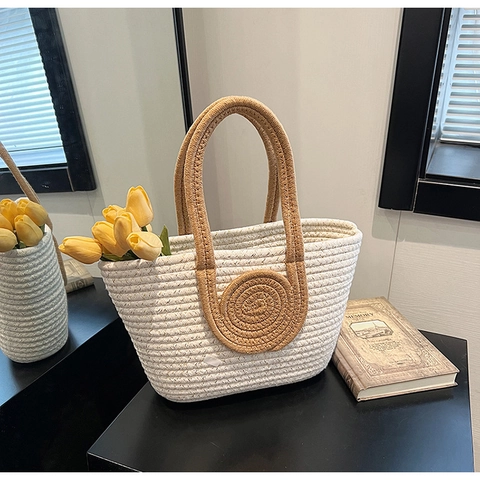 Sac Fourre-tout Minimaliste pour Femmes en Coton Lin Tissé Couleur Contrastée Patchwork Sac à Épaule Avec Décor en Spirale Décontracté Plage Vacances Sac à Main