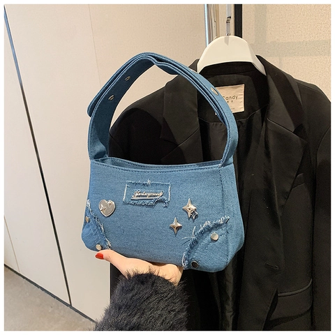 Damen Vintage Denim Schultertasche Y2K Verwitterte Fransen Umhängetasche Stern Herz Metall Dekor Trendy Casual Messenger Bag