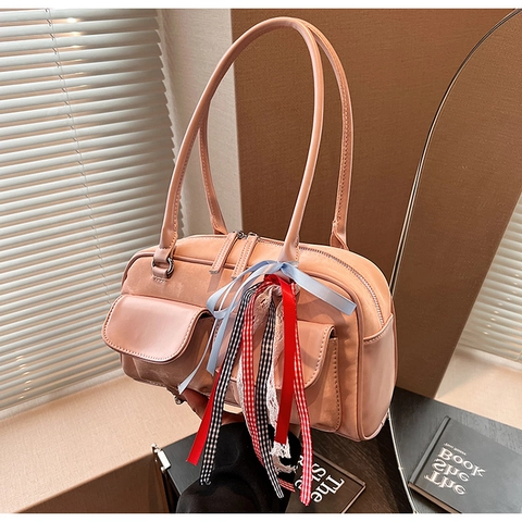 Damen Urban Minimalistisch PU Leder Umhängetasche Mit Dekorativem Bunten Band Doppelte Vordertaschen Alltagshandtasche