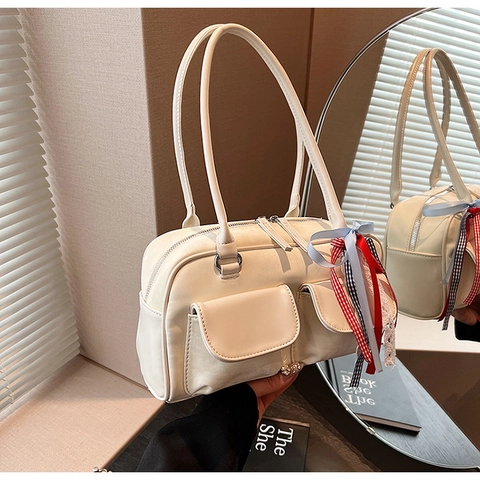 Damen Urban Minimalistisch PU Leder Umhängetasche Mit Dekorativem Bunten Band Doppelte Vordertaschen Alltagshandtasche