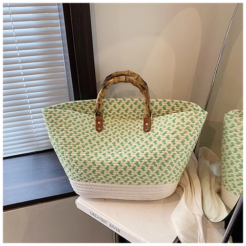 Hand Woven Straw Tote Bag With Natural Bamboo Handle Large Capacity Summer Beach Handbag Women Vacation Casual Weaving Bag