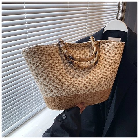 Hand Woven Straw Tote Bag With Natural Bamboo Handle Large Capacity Summer Beach Handbag Women Vacation Casual Weaving Bag