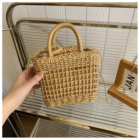 Handgefertigte Stroh Gewebte Umhängetasche Für Damen Pastorale Sonnenblume Dekoration Sommer Strand Handtasche Mit Kordelzug