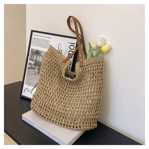 Damen Gewebt Ajouré Netz Strandtasche Große Kapazität Stroh Stil Umhängetasche Für Sommer Urlaub Strand Lässig Täglich Handtasche