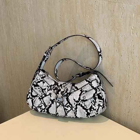 Borsa a Spalla da Donna con Stampa Serpente in Pelle PU Borsa Sottobraccio con Borchie Anello in Metallo Minimalista