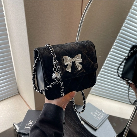 Sac à Épaule Matelassé Losanges pour Femmes en Cuir PU Bandoulière Décor Nœud Argenté Chaîne Métallique Sac à Main Mode Chic