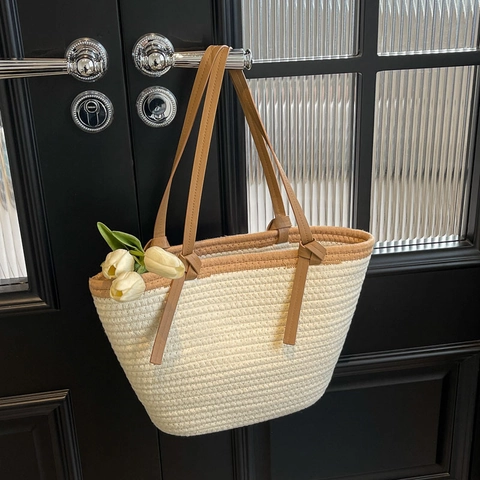 Sac Fourre-tout Tissé en Paille pour Femmes Grande Capacité Sac à Épaule Décontracté Été Plage Sac à Main de Vacances avec Anses Contrastées